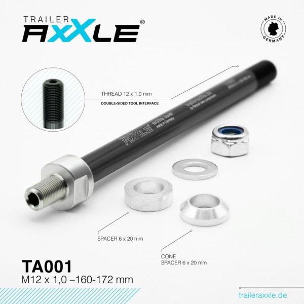 Radoxx Components Trailer AxXle TA001 M12x1.0 160-172 mm die Achse für Fahrrad Kinderanhänger