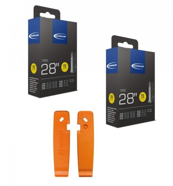 2x Schwalbe Schlauch SV15 extra lang 28x0.75-1.10" 60mm 1x SKS Reifenheber-Set orange 